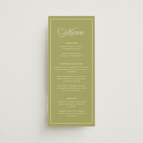 This is a olive menu cards with standard by Ellen Schlegelmilch called rory printing on signature in 4x9