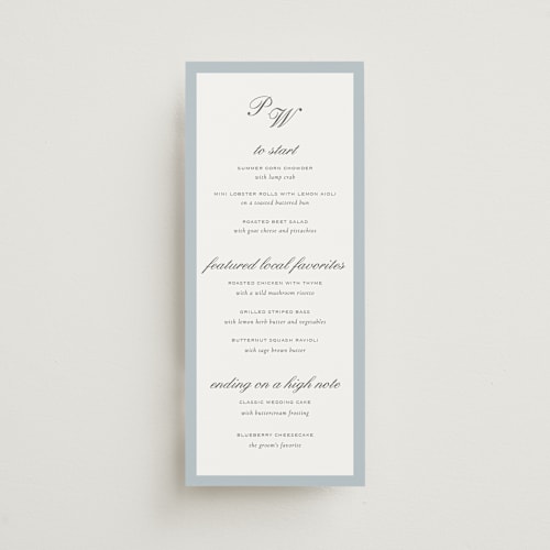 This is a sky menu cards with standard by Sara Hicks Malone called briland printing on signature in 4x9