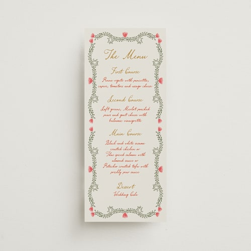 This is a sunset menu cards with standard by Maja Cunningham called chantilly printing on signature in 4x9