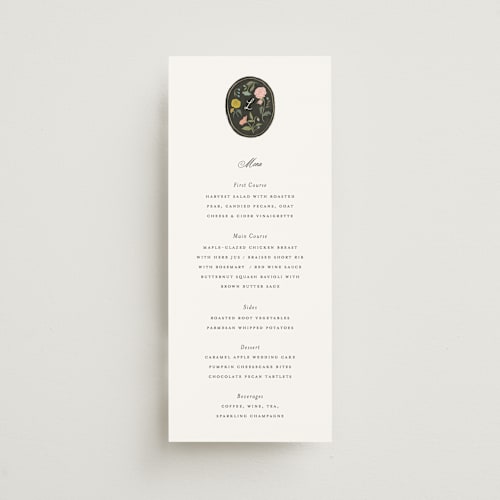 This is a swan menu cards with standard by Lori Wemple called botanical cameo printing on signature in 4x9