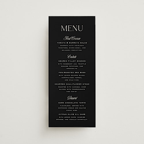 This is a onyx menu cards with standard by Laura Hankins called galleria printing on signature in 4x9