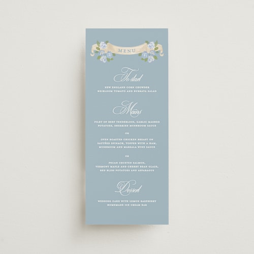This is a ocean menu cards with standard by Creo Study called coastal crest printing on signature in 4x9