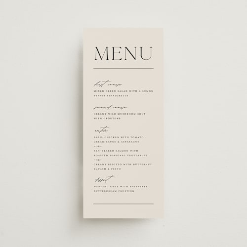 This is a ecru menu cards with standard by Erica Krystek called modern monogram printing on signature in 4x9