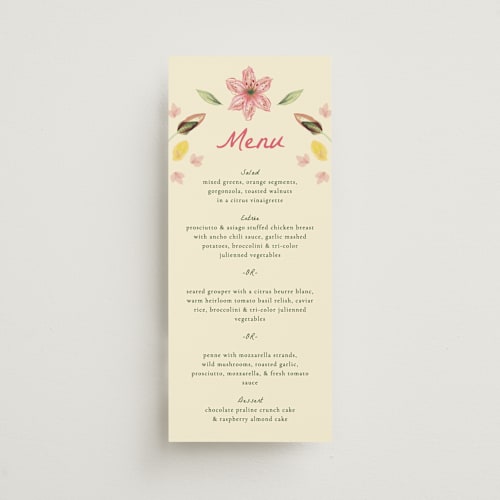 This is a blush menu cards with standard by Emily Miranda called romantic tropical wedding printing on signature in 4x9