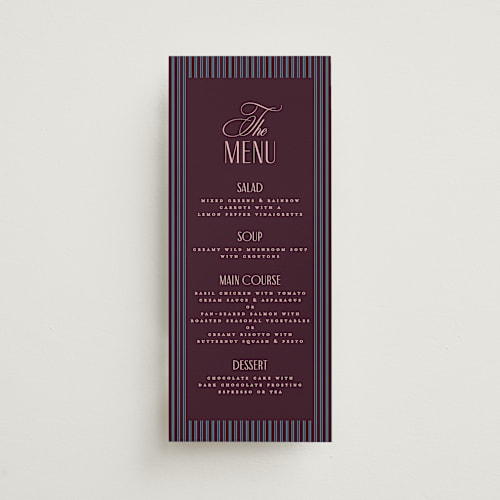 This is a plum menu cards with standard by Owl and Toad called sophisticate printing on signature in 4x9