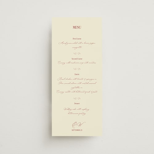 This is a burgundy menu cards with standard by Helena Vitto called elizabeth printing on signature in 4x9