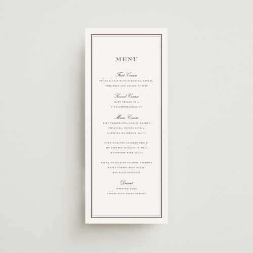 This is a burgundy menu cards with standard by Stacey Meacham called engraved names printing on signature in 4x9