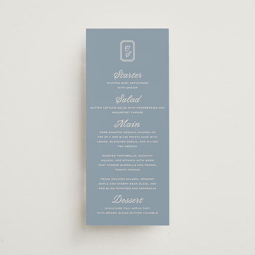 This is a french blue menu cards with standard by Carolyn MacLaren called bevel monogram printing on signature in 4x9