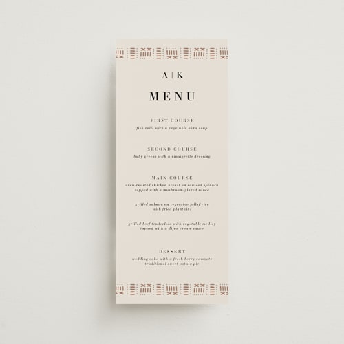 This is a ivory menu cards with standard by Oma N. Ramkhelawan called amari printing on signature in 4x9