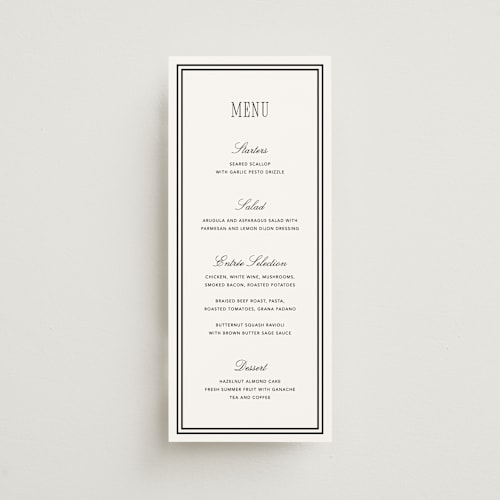 This is a silk menu cards with standard by Kelly Schmidt called formal minimalist printing on signature in 4x9