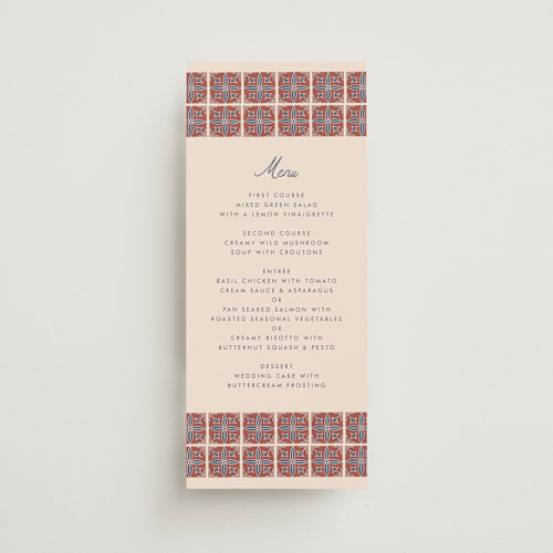 This is a terracotta menu cards with standard by Katharine Watson called block print tile printing on signature in 4x9