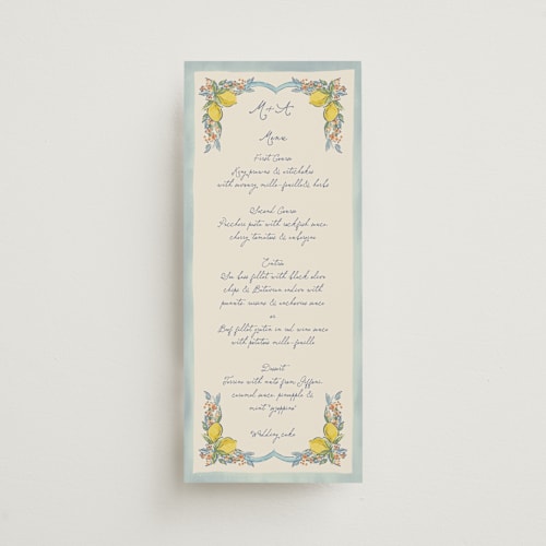 This is a aqua menu cards with standard by Chris Griffith called amalfi coast wedding printing on signature in 4x9