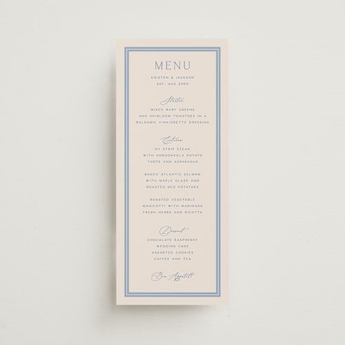 This is a periwinkle menu cards with standard by Hooray Creative called twin border printing on signature in 4x9