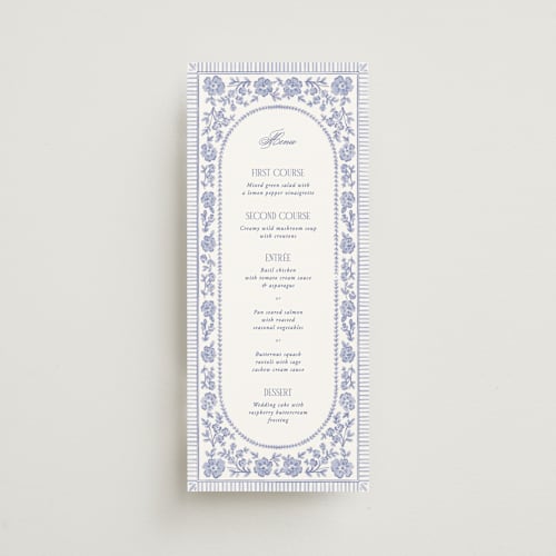 This is a cerulean menu cards with standard by Jenna Holcomb called embroidered printing on signature in 4x9