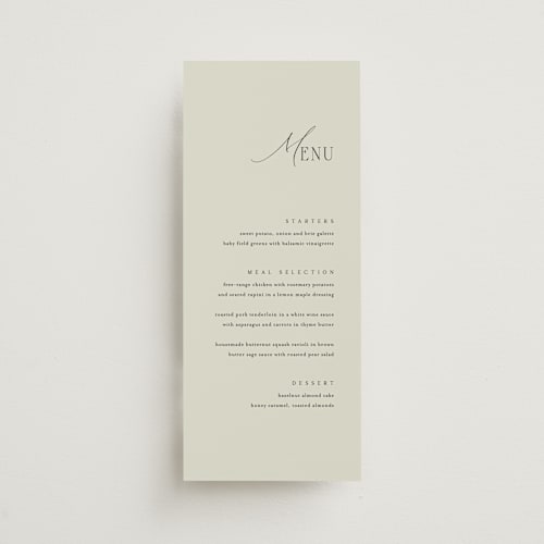 This is a spring menu cards with standard by Kelly Schmidt called scripted initials printing on signature in 4x9