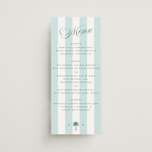This is a low tide menu cards with standard by Susan Zinader called island palm printing on signature in 4x9