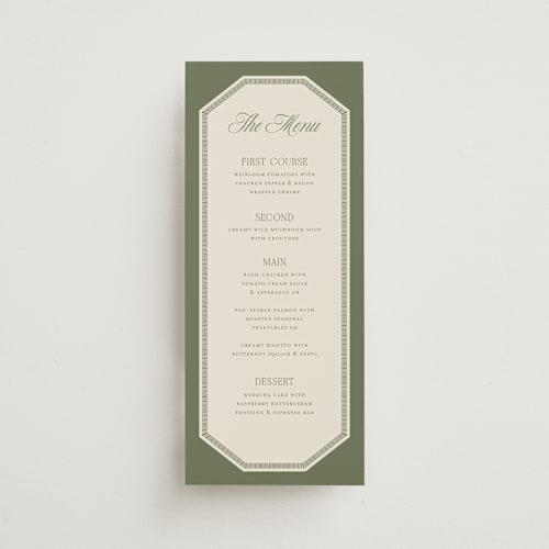 This is a moss menu cards with standard by Kelly Watkins called literary printing on signature in 4x9