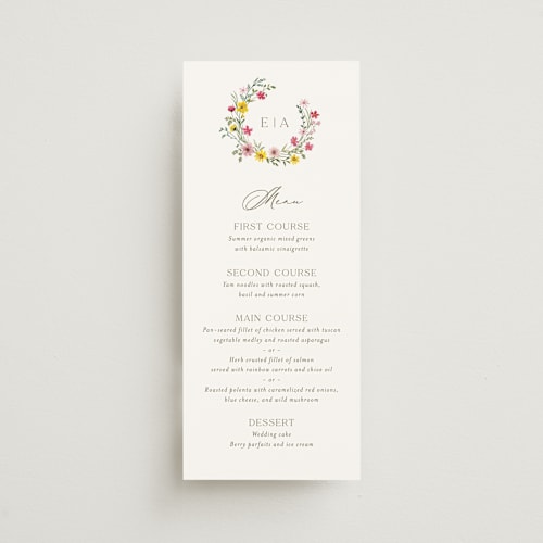 This is a peony menu cards with standard by Yaling Hou Suzuki called wildflower wreath printing on signature in 4x9