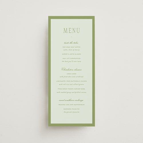This is a forest menu cards with standard by Sara Hicks Malone called dewberry printing on signature in 4x9