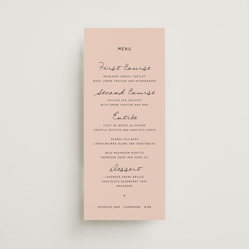 This is a blush menu cards with standard by Ani Somi called ballpoint suite printing on signature in 4x9
