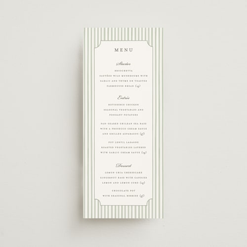 This is a sage menu cards with standard by Sarah Knight called greenery crest printing on signature in 4x9