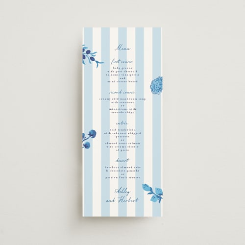 This is a cerulean menu cards with standard by Tamara Hilje called positano printing on signature in 4x9