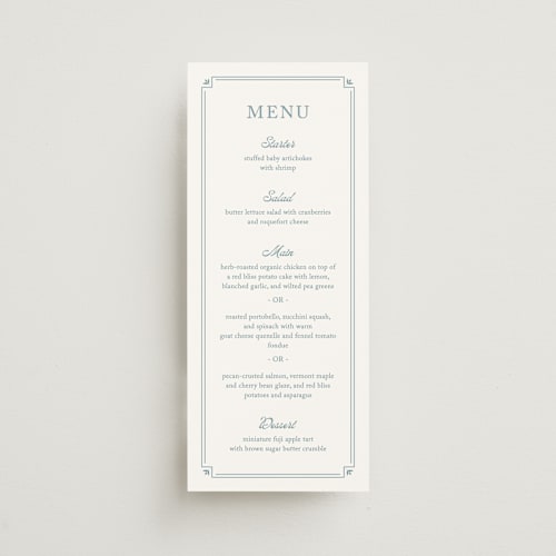 This is a french menu cards with standard by Carolyn MacLaren called fleur corner printing on signature in 4x9