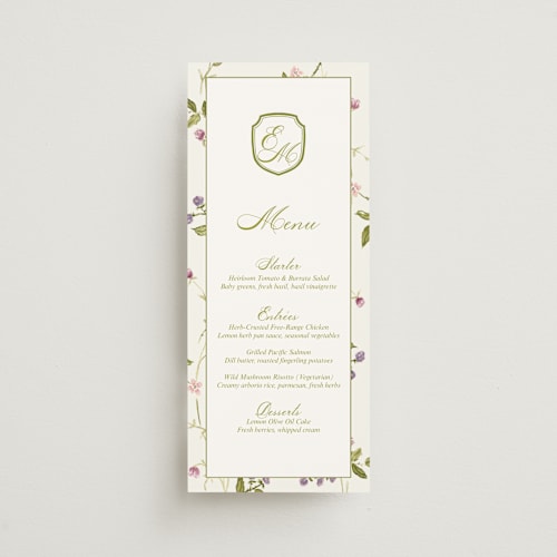 This is a cream menu cards with standard by Nicole Dragomir called wild berry watercolor printing on signature in 4x9