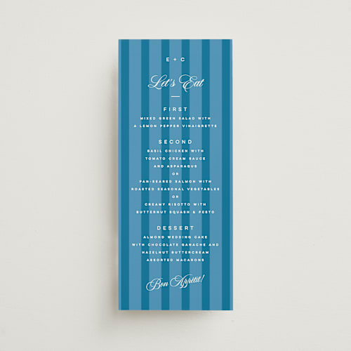 This is a cerulean menu cards with standard by Kristie Kern called the emma printing on signature in 4x9