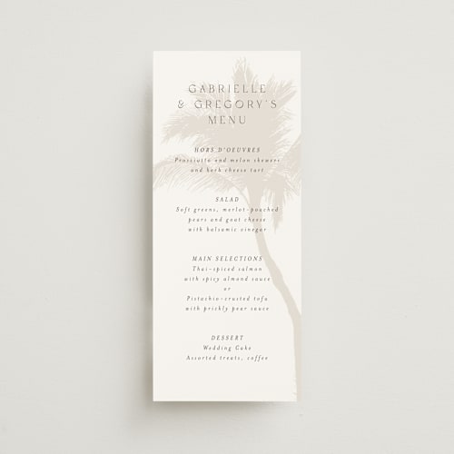 This is a ecru menu cards with standard by AK Graphics called palm printing on signature in 4x9