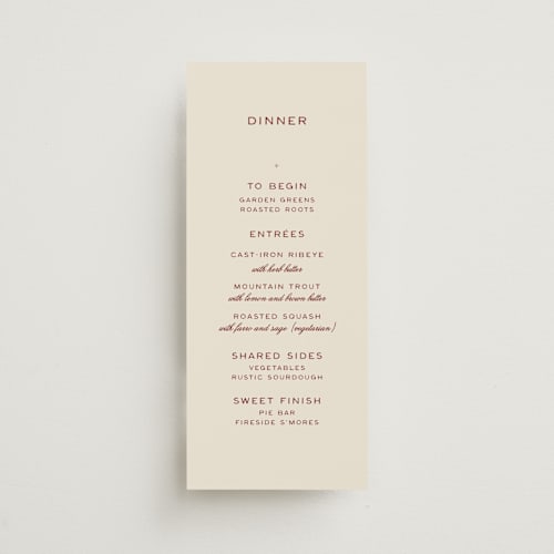 This is a rust menu cards with standard by Ani Somi called rose ink printing on signature in 4x9