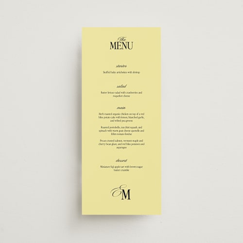 This is a butter menu cards with standard by Helena Vitto called the eternal printing on signature in 4x9