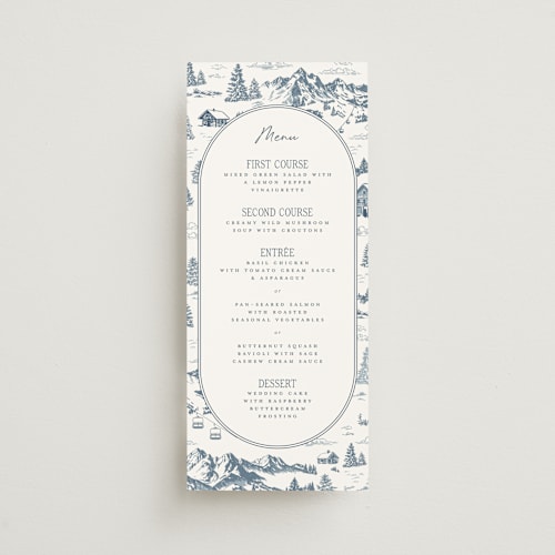 This is a denim menu cards with standard by Jenna Holcomb called mountain toile printing on signature in 4x9