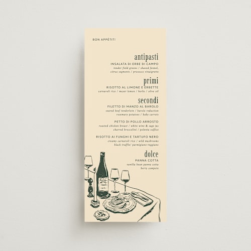 This is a forest menu cards with standard by Daniela Valle Chavelas called whimsy ink printing on signature in 4x9