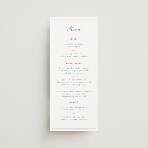 This is a sky menu cards with standard by Pippa Shaw called hortense printing on signature in 4x9
