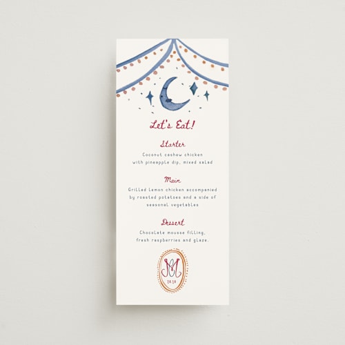 This is a sky menu cards with standard by The Fig Studio called whimsical illustrated menu printing on signature in 4x9