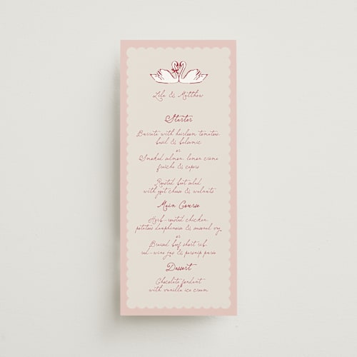This is a scarlet menu cards with standard by Lucrecia Caporale called swan love printing on signature in 4x9