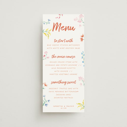 This is a peach menu cards with standard by Zani van Zyl called flora printing on signature in 4x9