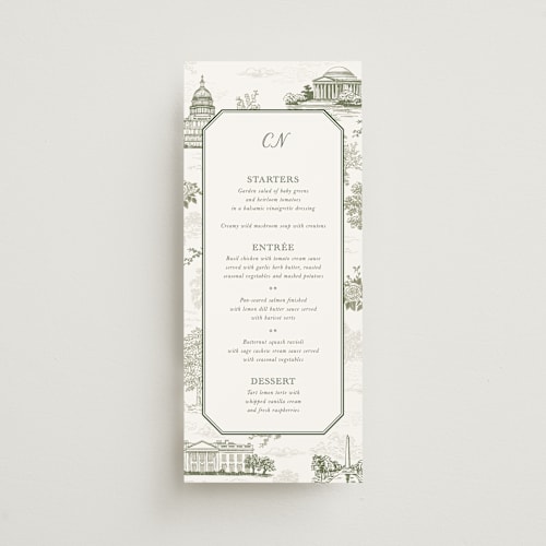 This is a olive menu cards with standard by Jenna Holcomb called washington dc toile printing on signature in 4x9