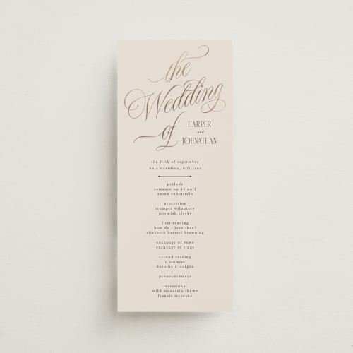 This is a linen unique wedding programs with foil pressed by Kate Ahn called mirin printing on signature in 4x9