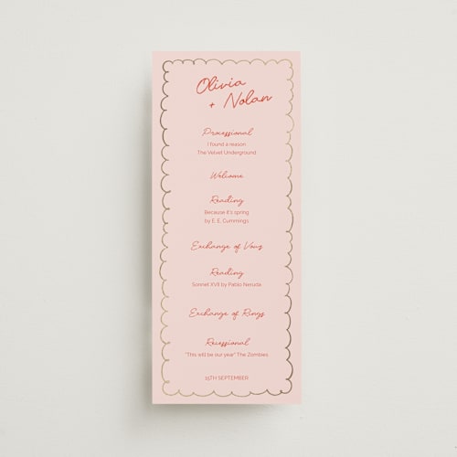 This is a sangria spark unique wedding programs with foil pressed by Zove Ahhh called party on! printing on signature in 4x9
