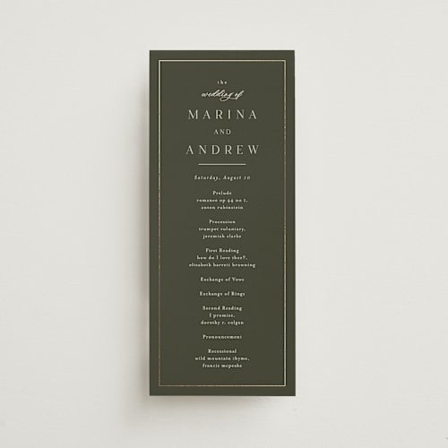 This is a deep olive unique wedding programs with foil pressed by Nicole Walsh called refined printing on signature in 4x9