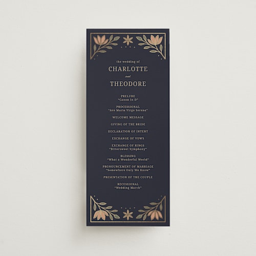 This is a navy unique wedding programs with foil pressed by Jessica Beck called botanical tapestry printing on signature in standard