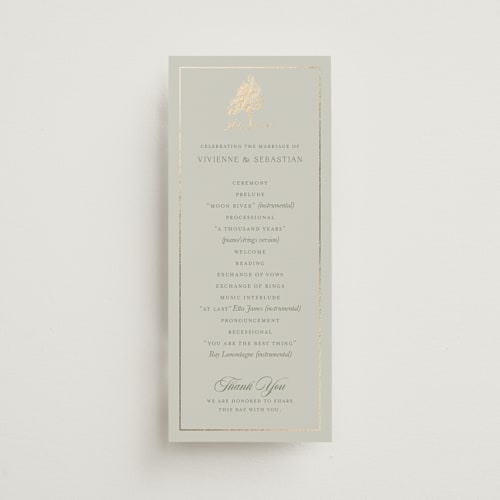 This is a sage unique wedding programs with foil pressed by Lucrecia Caporale called country elegance printing on signature in standard