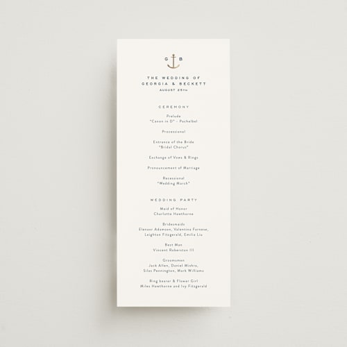 This is a royal navy unique wedding programs with foil pressed by Olivia Raufman called anchored printing on signature in standard