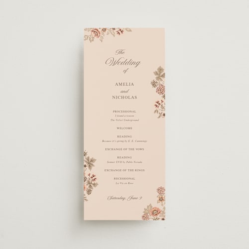 This is a chocolate unique wedding programs with foil pressed by Paola Benenati called blooming path printing on signature in standard