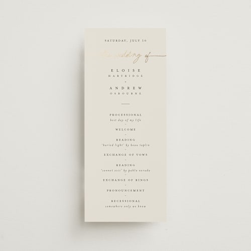 This is a linen unique wedding programs with foil pressed by Pippa Shaw called silk printing on signature in standard