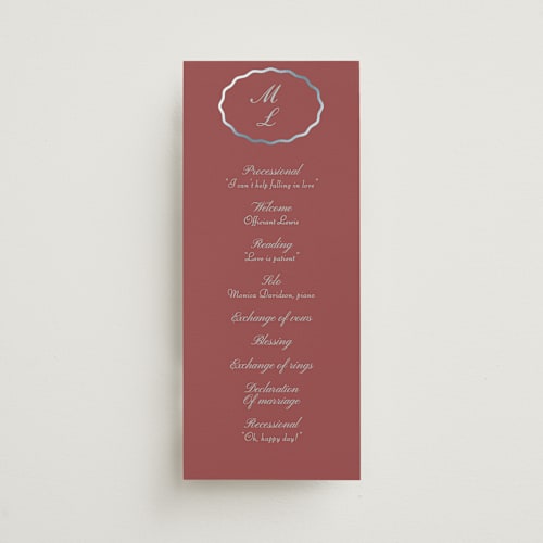 This is a burgundy unique wedding programs with foil pressed by Baumbirdy called scallop frame printing on signature in standard