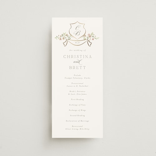 This is a blush unique wedding programs with foil pressed by Everett Paper Goods called posy printing on signature in 4x9