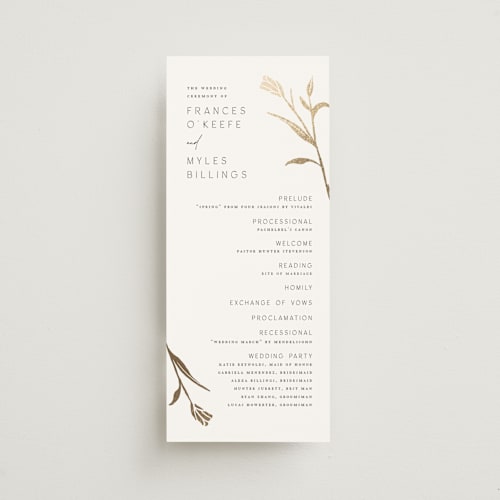 This is a cotton unique wedding programs with foil pressed by Amy Kross called perennial printing on signature in 4x9